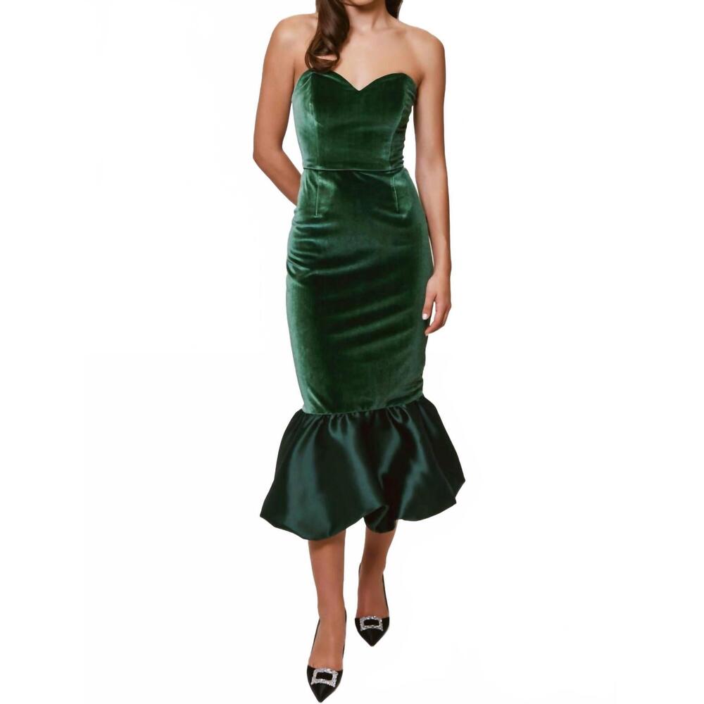 Hutch Emerald Green Strapless Velvet Midi Dress with Ruffle Hem